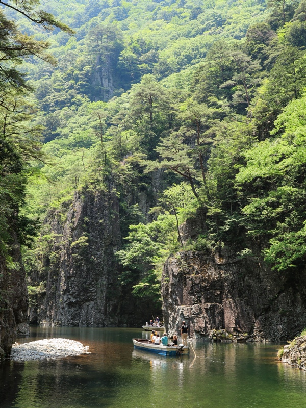 初夏の三段峡、黒淵を行く渡船