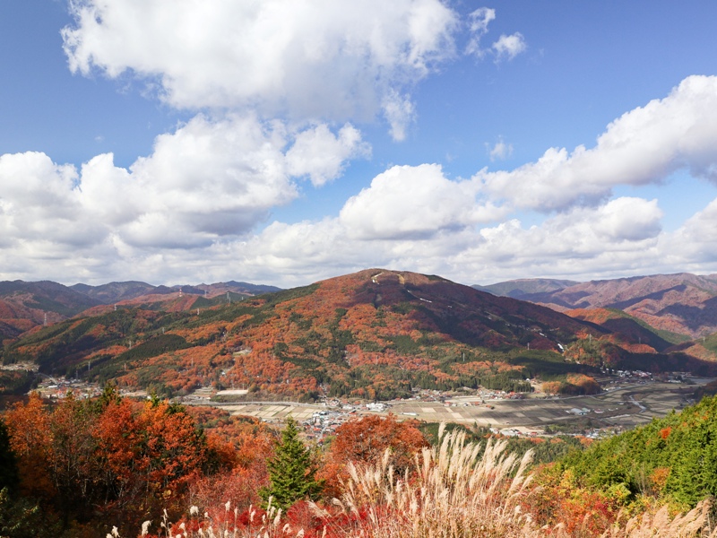 吉和展望台から紅葉の山々を眺める